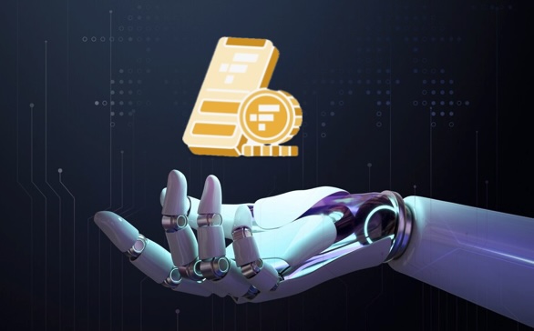 Robot hand and crypto coins